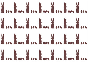 Brown chocolate Easter bunny icons with eggs, cartoon style, white background, pattern for wrapping paper, ...