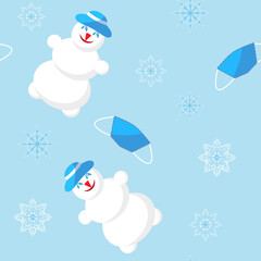Seamless new year vector pattern with snowman medical mask and snowflakes