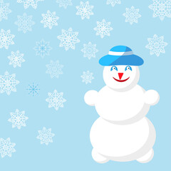 Snowman in a blue hat on a background with snowflakes. Christmas card