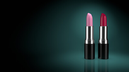 Beautiful pink and red lipsticks with case in silver. This is against a light green and stylish background with space for your matter (fashion and cosmetics) 