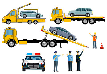 Fototapeta na wymiar Autos auf Abschleppwagen mit Polizei, isoliert auf weißem Hintergrund. – Vektor Illustration