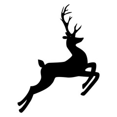 Vector black jumping Reindeer Deer with. Silhouette drawing illustration isolated on white background. Merry Christmas lettering. Gift greeting card.Winter decoration element. Happy New Year