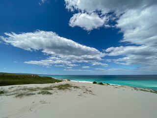 Scenic view of sand dunes and beach at De Hoop nature Reserve, South Africa.