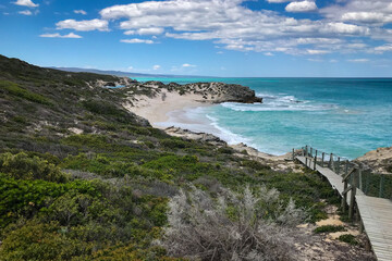 Scenic view of wooden footpath leading to beach at De Hoop nature Reserve, South Africa.