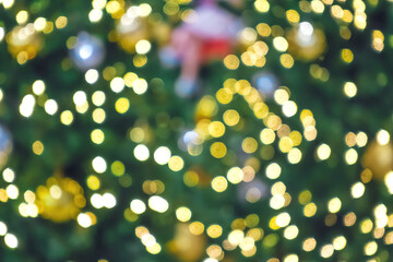 Blurry background of beautiful Christmas light bokeh on Christmas tree	

