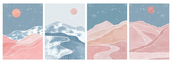 Satz moderner minimalistischer Kunstdrucke aus der Mitte des Jahrhunderts. Abstrakte Berglandschaften mit zeitgenössischen ästhetischen Hintergründen. Vektorillustrationen © gina