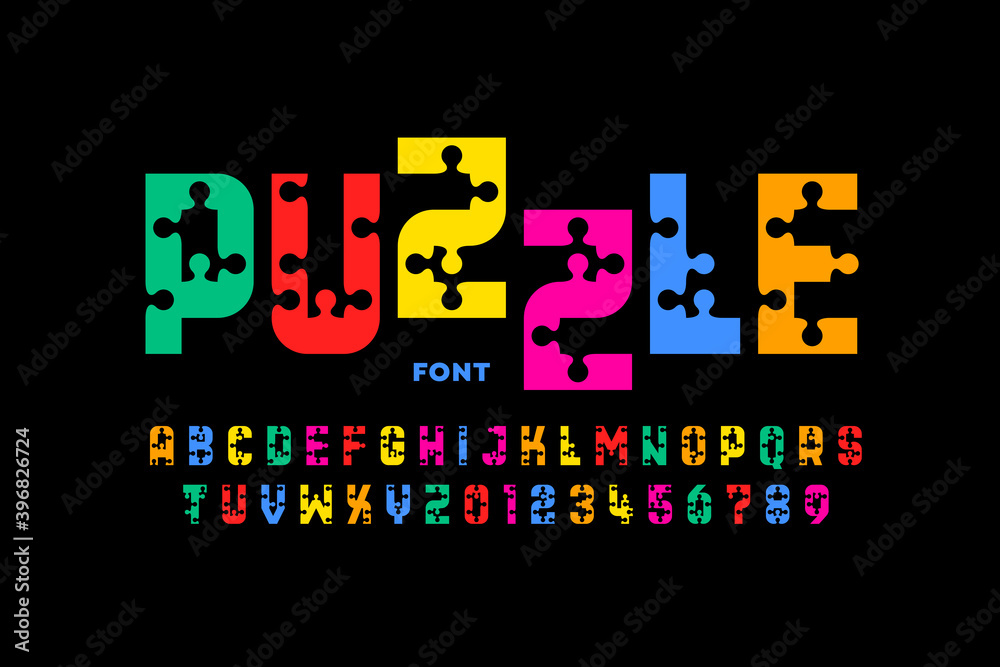 Fototapete puzzle game style font, jigsaw puzzle alphabet letters and numbers