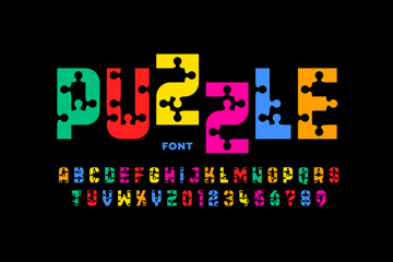 Puzzle game style font, jigsaw puzzle alphabet letters and numbers