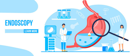 Endoscopy healthcare technology concept vector. Tiny doctors research stomach. Gastroenterology illustration for medical blog website - obrazy, fototapety, plakaty