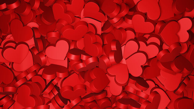 Valentine's love background with red hearts. 3D render illustration.
