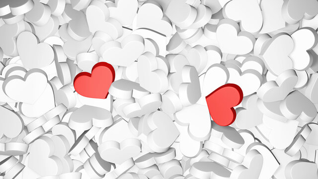 Valentine's love background with white hearts and two red hearts. 3D render illustration.
