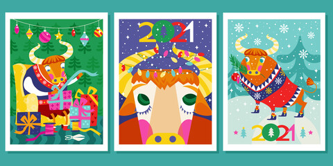 Set of Christmas or New Year greeting card. Symbol of 2021 year - Bull.