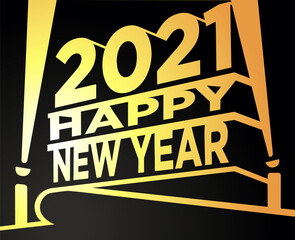 Vector greetings template of 2021 Happy new year crafted in Black and Gold. Movi Theme. Building and spotlight on night sky background. Illustration for flyer, shop, business, cards, promo.