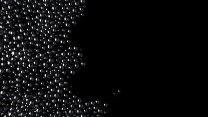Wave of black shine balls from left side on black background. Glossy spheres fill the volume. Luxury Black caviar flow. 3D render illustration.