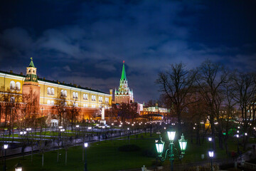 Moscow, Russia Kremlin night view with snow during winter