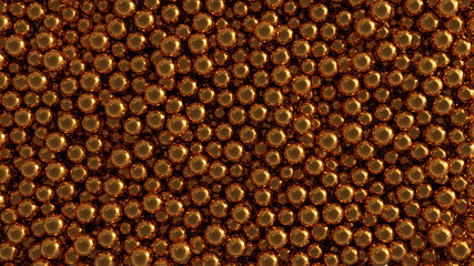 Pool of golden shiny balls background. Glossy spheres fill the volume. 3D render illustration.