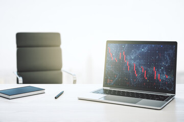 Naklejka premium Creative abstract global crisis chart with world map sketch on modern laptop monitor, falling markets and collapse of global economy concept. 3D Rendering