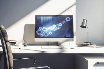 Naklejka premium Creative concept of robotics technology on modern laptop screen. Robot development and automation concept. 3D Rendering