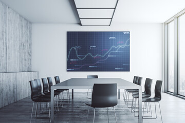 Abstract creative stats data concept on presentation screen in a modern conference room. 3D Rendering