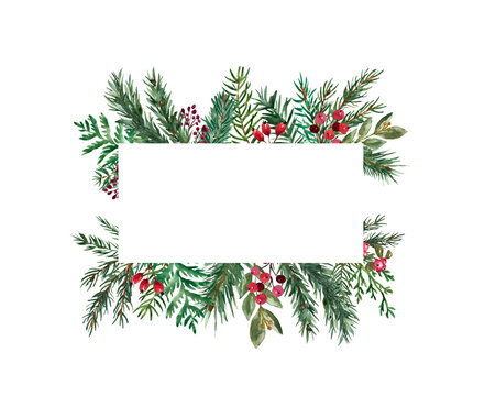 Watercolor winter greenery frame, Christmas card template. Hand painted pine and fir tree branches, red berries. Winter Holiday rectangle border.