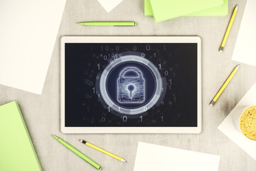 Creative idea concept with lock symbol and microcircuit illustration on modern digital tablet screen. Protection and firewall concept. Top view. 3D Rendering
