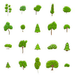 Set of hand drawn doodle trees. Summer, bright green foliage.