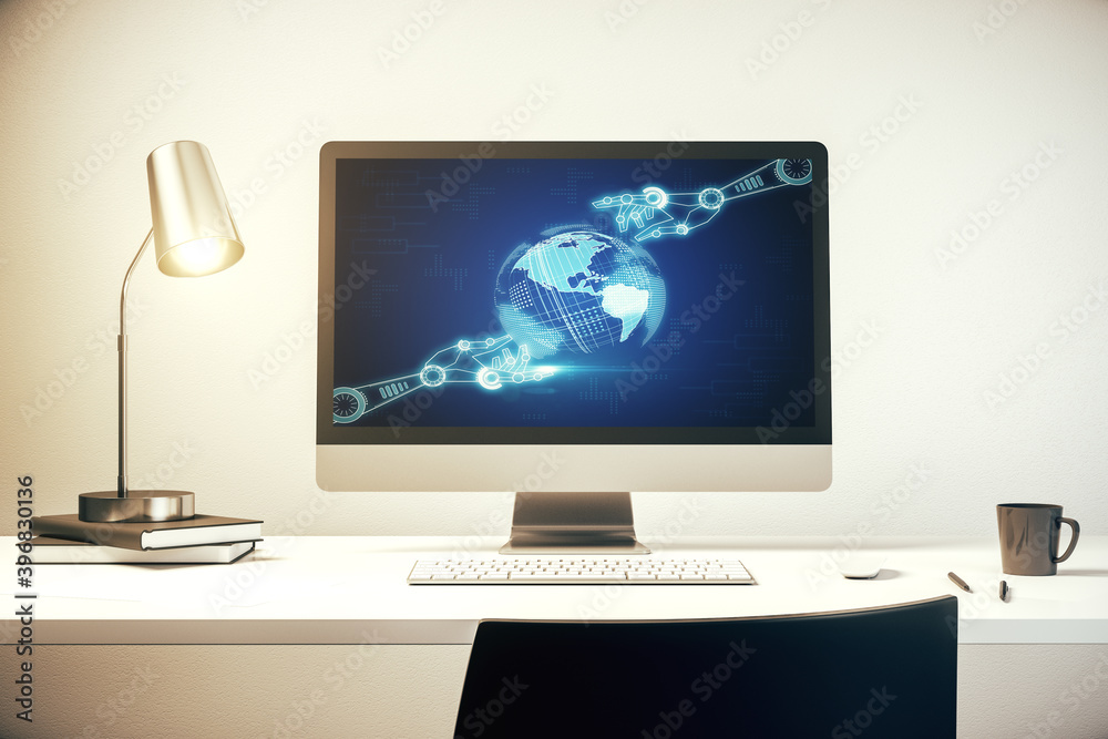 Poster modern computer monitor with robotics technology with world map hologram. research and development s