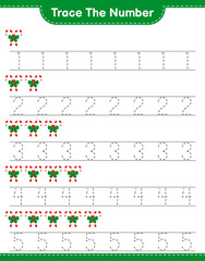 Trace the number. Tracing number with Candy Canes. Educational children game, printable worksheet, vector illustration