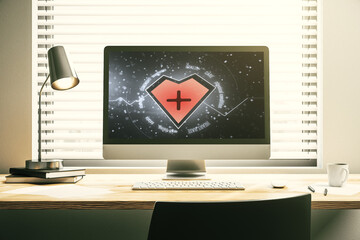 Creative concept of heart pulse illustration on modern laptop screen. Medicine and healthcare...
