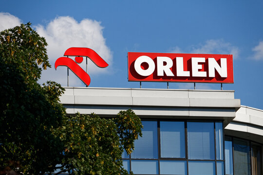 WARSAW/POLAND - JULY 4, 2018: View on PKN Orlen - Polish oil company logotype on the top of building