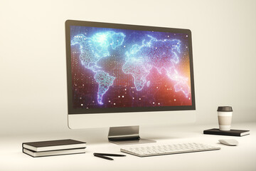 Modern computer monitor with abstract digital world map, research and strategy concept. 3D Rendering