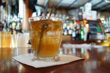 A Sazerac mixed drink, a New Orleans favorite, on a bar