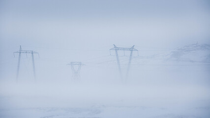 power lines in the fog