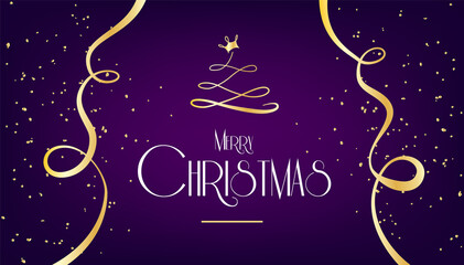 Merry Christmas card with christmas tree, crown and golden confetti on violet background. Vector greeting banner. - 396830566