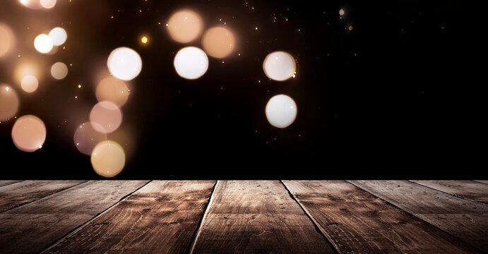 Wooden Holiday Empty Table, Night View, Blurred Bokeh Lights Background.