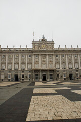 Fototapeta premium Heritage. Monumental architecture and design. Panorama view of the Royal Palace of Madrid baroque facade in Spain.