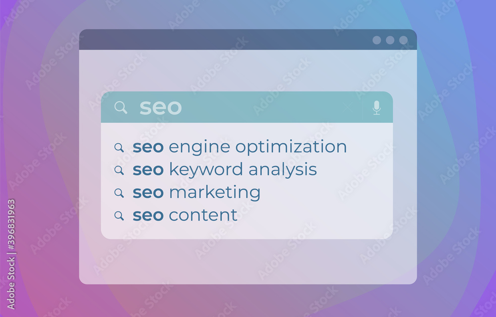 Poster seo autocomplete search web suggestions modern vector concept. website searching bar with search eng