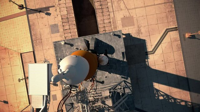 Big heavy rocket (Space Launch System) on launchpad. Aerial view. 3D animation. 4K. Ultra high definition. 3840x2160.