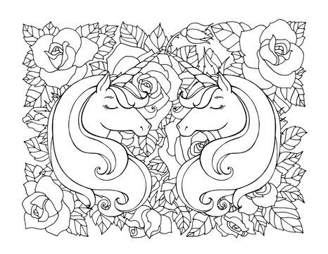 Unicorns and roses emblem. Magical, amazing, cute, lovely animal. Vector cartoon artwork. Black and white. Coloring book pages for adults and kids. Hand drawn illustration. Fairy tale concept
