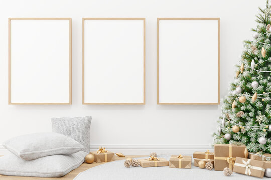 Interior wall mock up with vertical wooden poster photo frame
