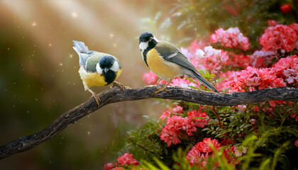 Fantasy Portrait Of two Tit Birds Sitting on tree branch in Magical enchanted Fairy Tale dreamy elf...