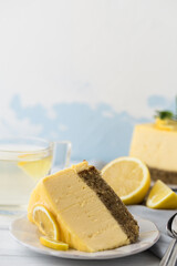 Lemon mouse cake. A slice of lemon cheesecake.