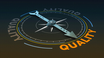 compass with the needle pointing at the text: quality, concept of searching or offering high quality products and services (3d render) © lucadp
