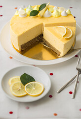 Lemon mouse cake. A slice of lemon cheesecake.