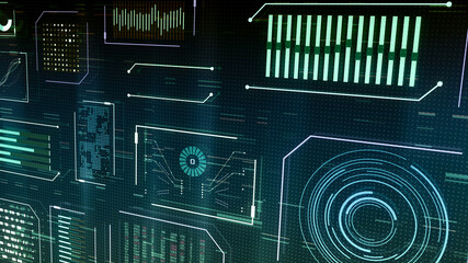 futuristic user interface with generic charts and random data, concept of stock market big data or computer hacking (3d render)