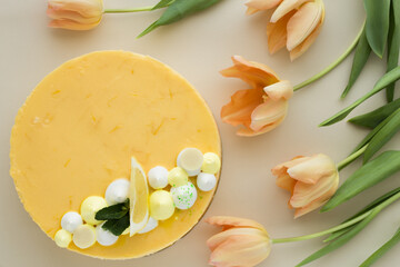 Dessert - Lemon mouse  Cheesecake. A slice of citrus cake with lemon and orange. half a lemon cake. cutaway lemon cake. sponge cake