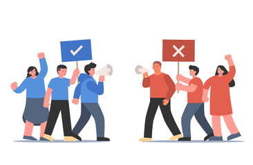 Gathering of Blue and red clothing peoples to debate positive and negative arguments, holding right, wrong signs. Cartoon Illustration about crowd meet for speak and Opinion.