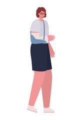 woman with arm in a cast and glasses