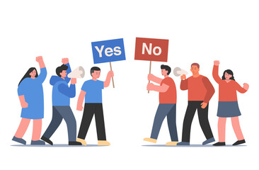 Blue and red clothing peoples raising a sign that have Yes and No text. Cartoon Illustration about different think and opinions of people in social media.