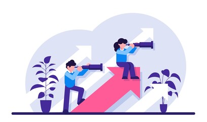 Business opportunities as vision, chances. Visionary entrepreneur anticipating new trends. Professional ambitions, company development plans, searching innovation. Modern flat illustration. - obrazy, fototapety, plakaty
